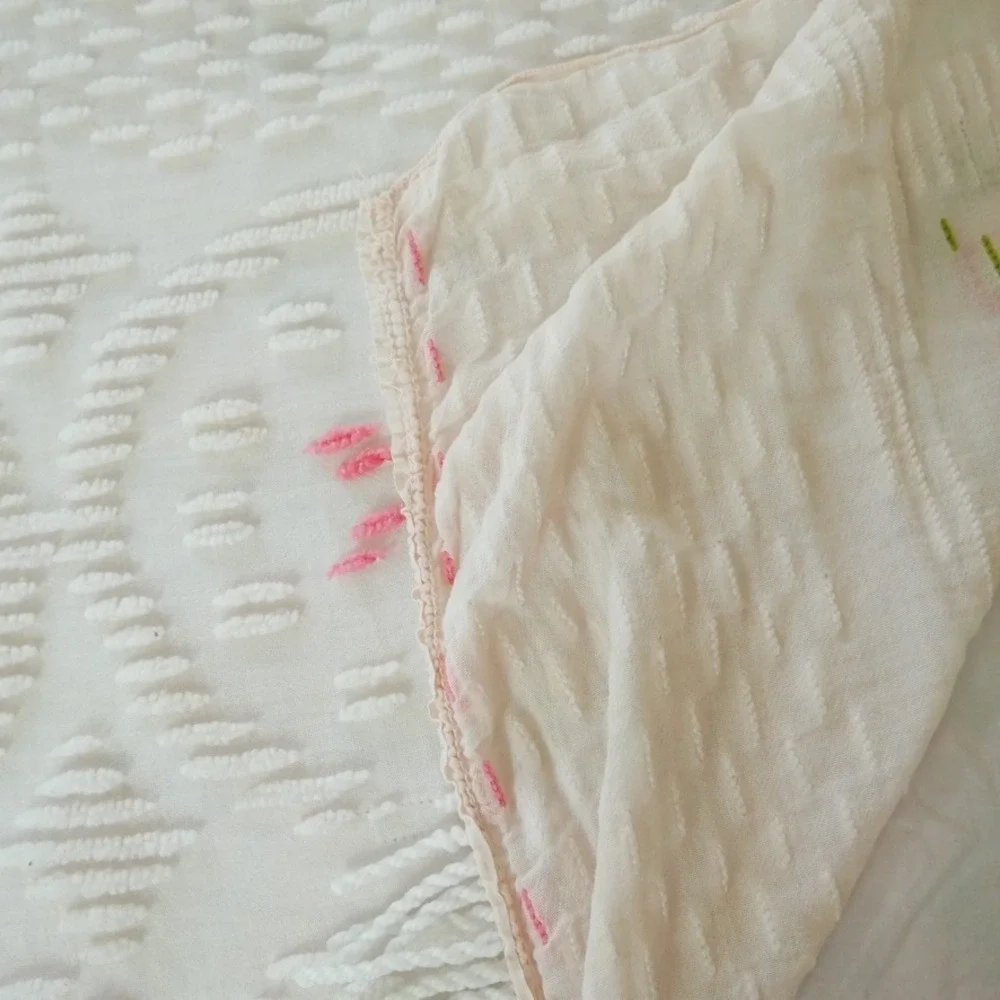 Vintage White Chenille Bedspread Pink Green Floral Tufted Fringe Twin 99x71